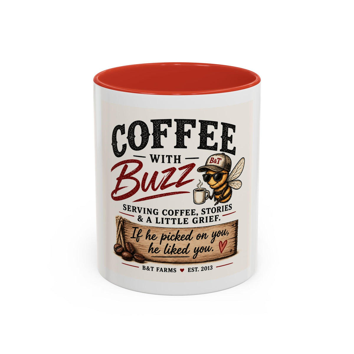 Coffee Mug — "Coffee with Buzz" Funny Bee Barista Mug, Serving Coffee, Stories & A Little Grief